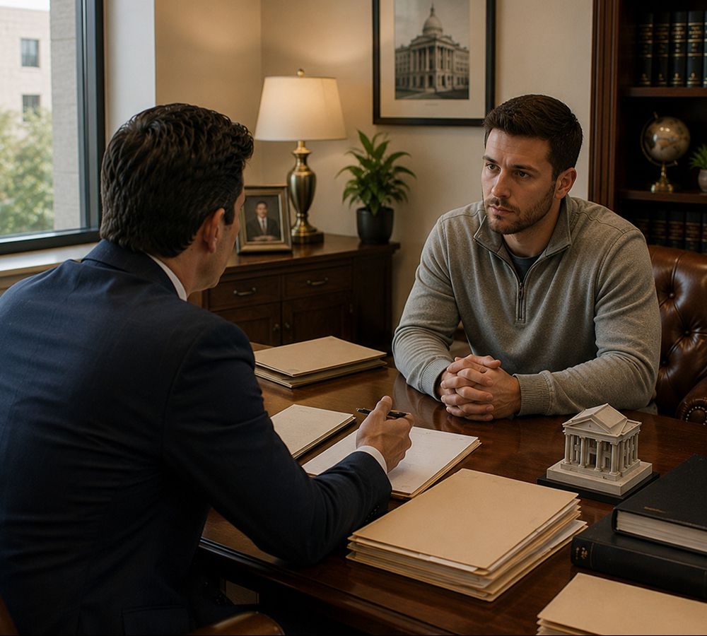 Drug charge defense attorney discussing legal strategy with a client in Neenah WI.